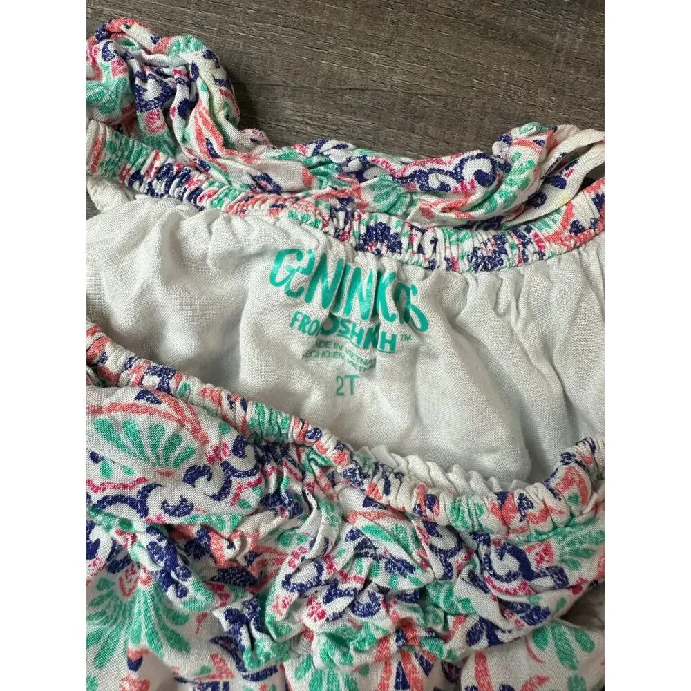 Genuine Kids Romper with Fringe Neckline White Blue, Coral Aqua Design Girls 2T
